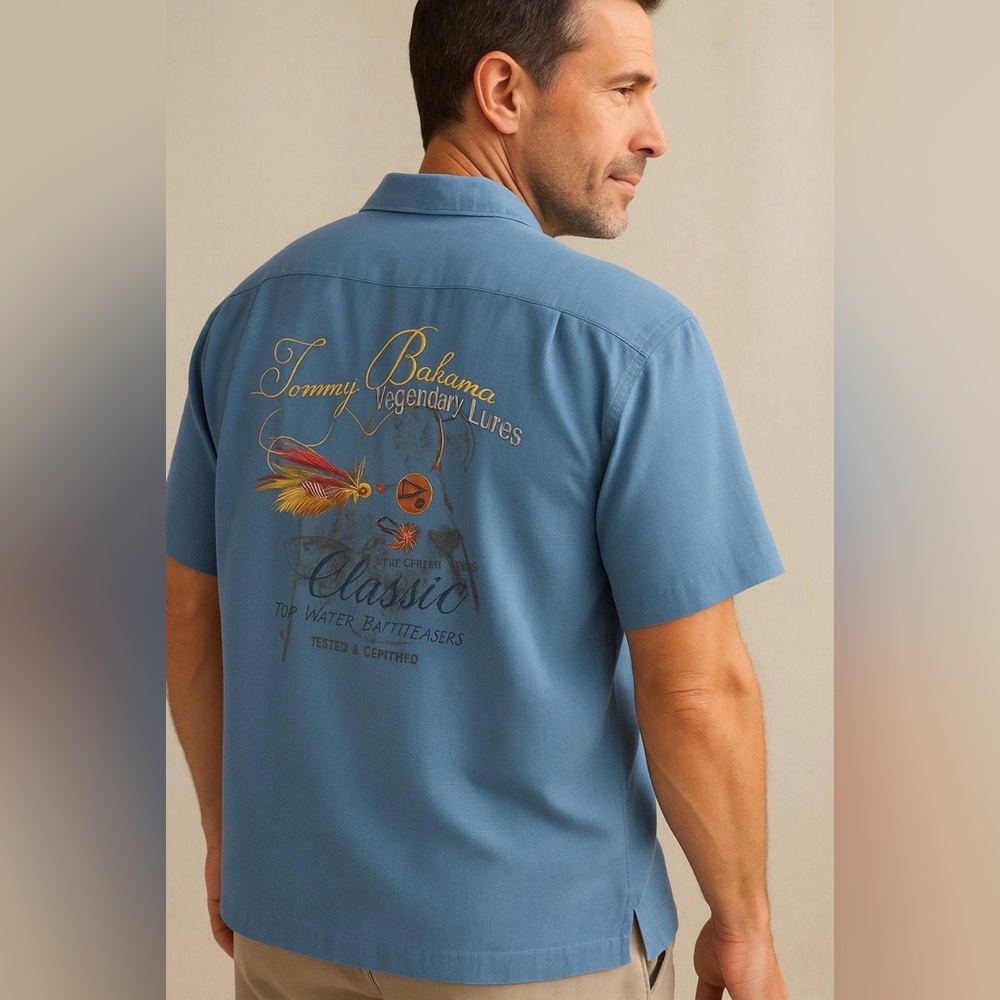 Tommy Bahama Legendary Lures 100% Silk Blue Casual Button Down Shirt